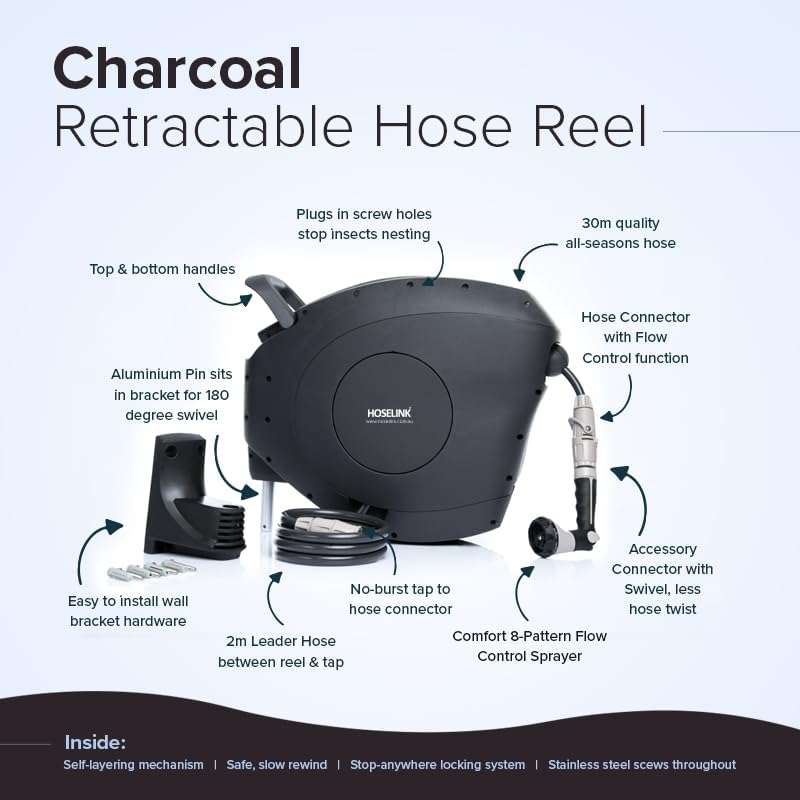 HOSELINK Retractable Garden Hose Reel, 30 m, Charcoal