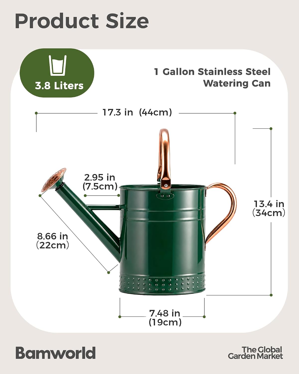 Bamworld Iron Watering Can, 1 Gallon, Green
