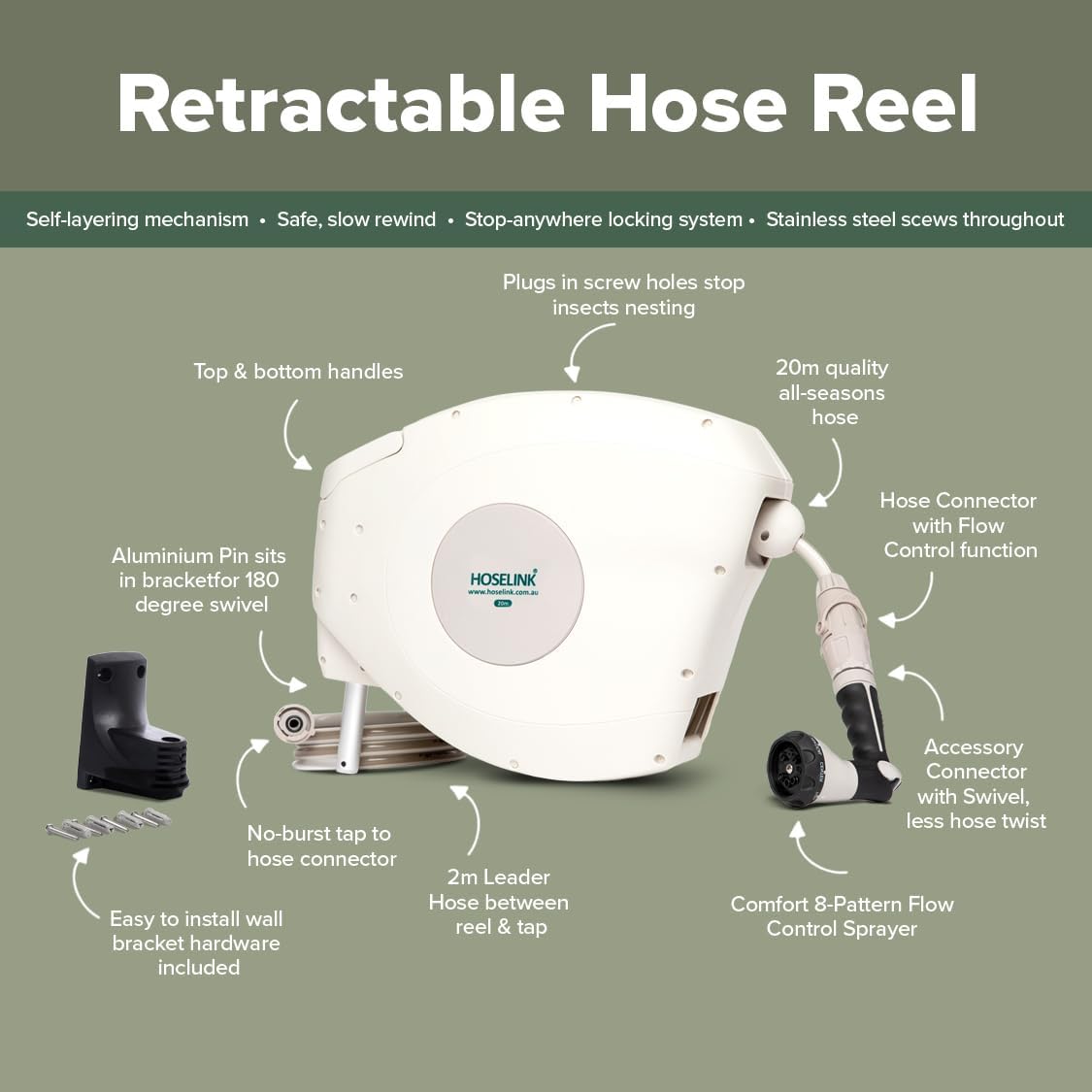 HOSELINK Retractable Garden Hose Reel, 30 m, Charcoal