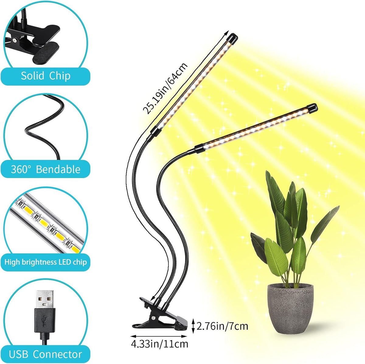 Clip-On LED Grow Lights with Timer, 2 Pack