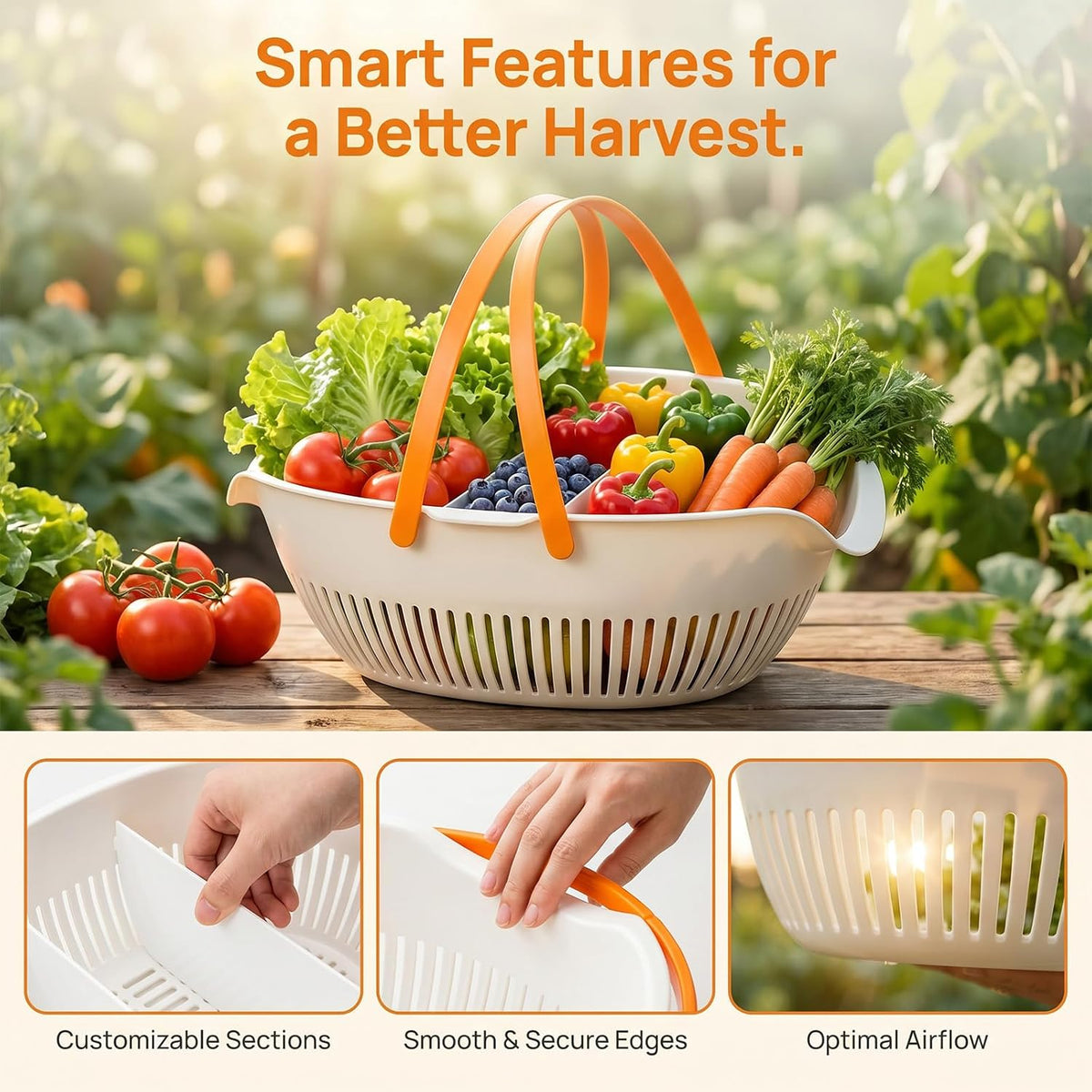 Garden Harvest Basket with Divider and Drain Holes
