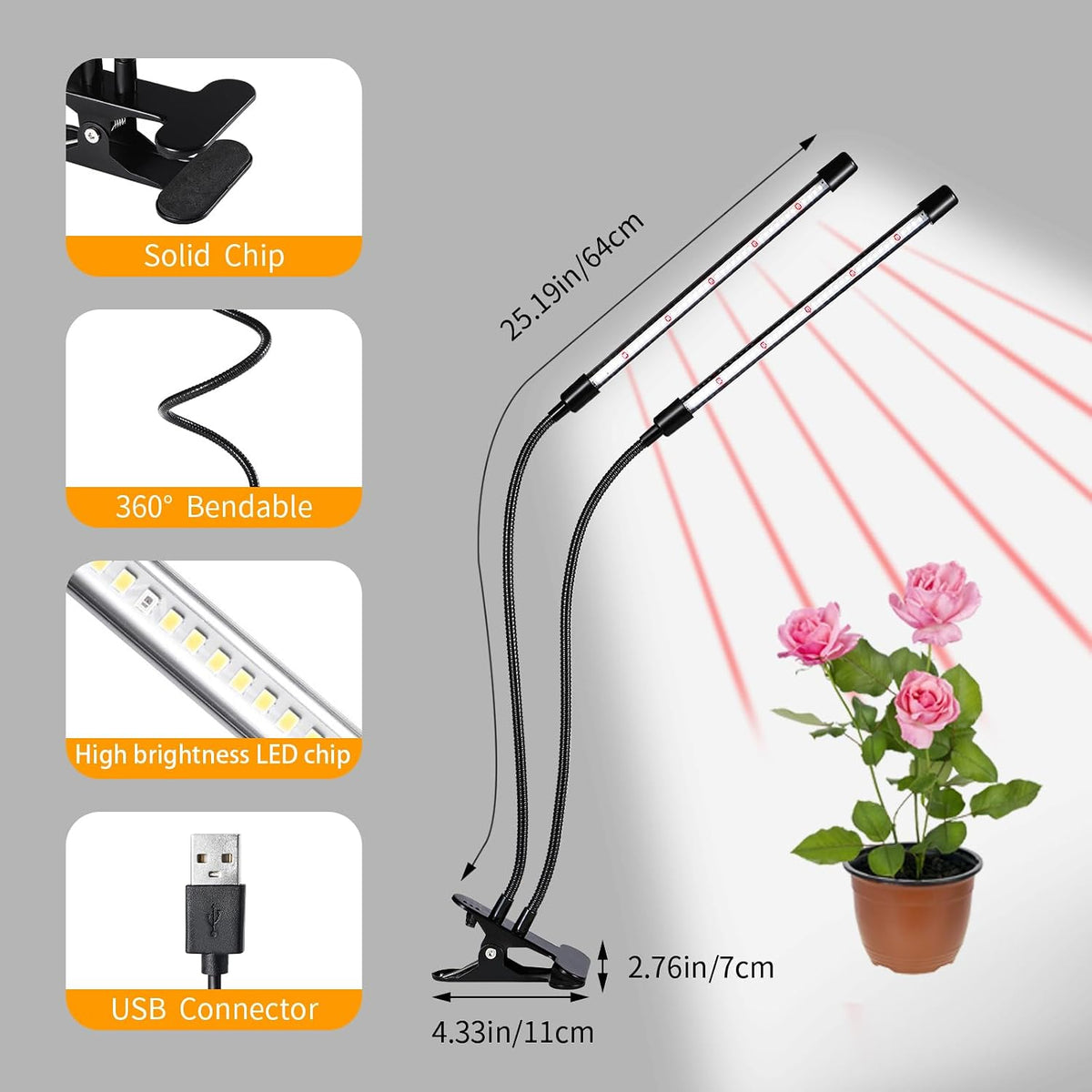 Clip-On LED Grow Lights with Timer, 2 Pack