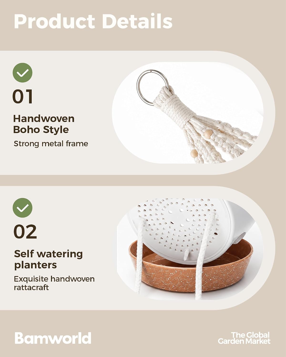 Bamworld Macrame Plant Hangers, 3 Pack