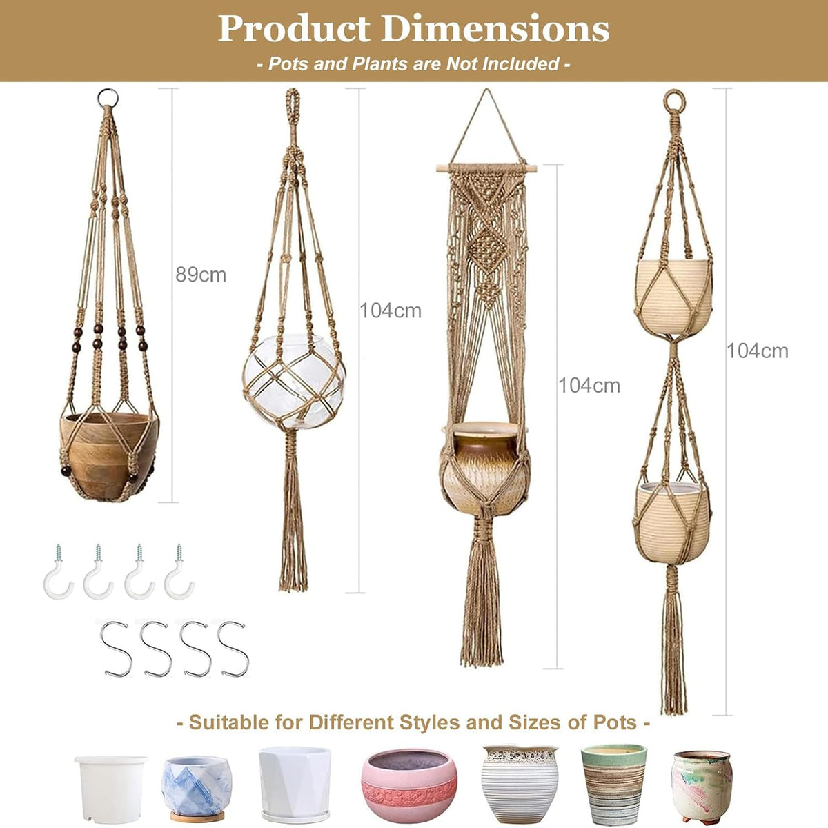 Macrame Plant Hangers, 4 Pack