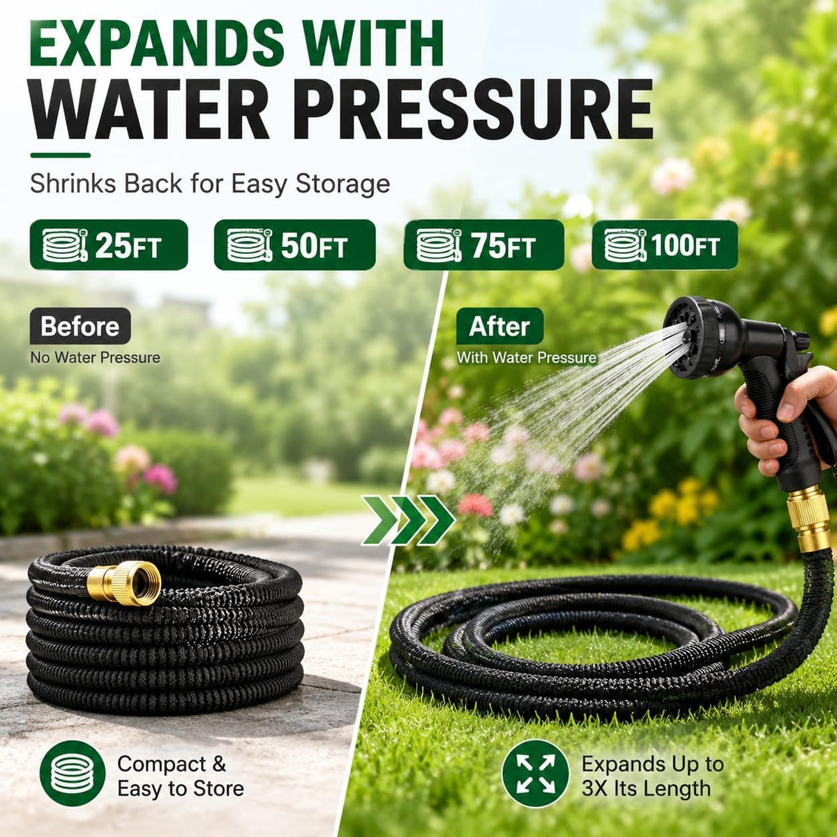 Stretch Garden Hose with 8-Function Nozzle, 7.5 m
