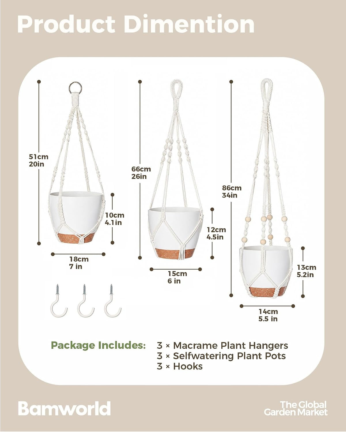 Bamworld Macrame Plant Hangers, 3 Pack