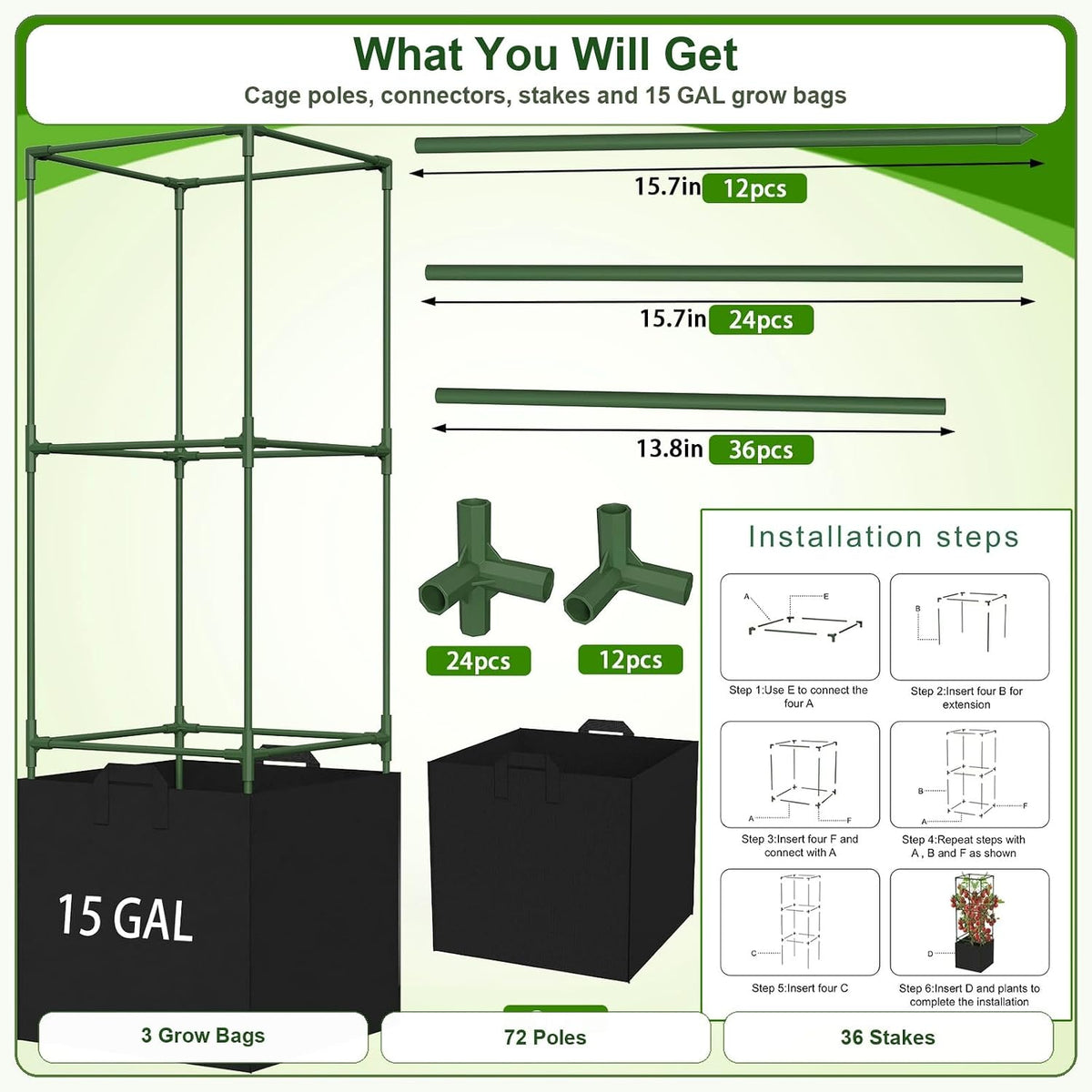 Tomato Cages with Grow Bags, 3 Pack