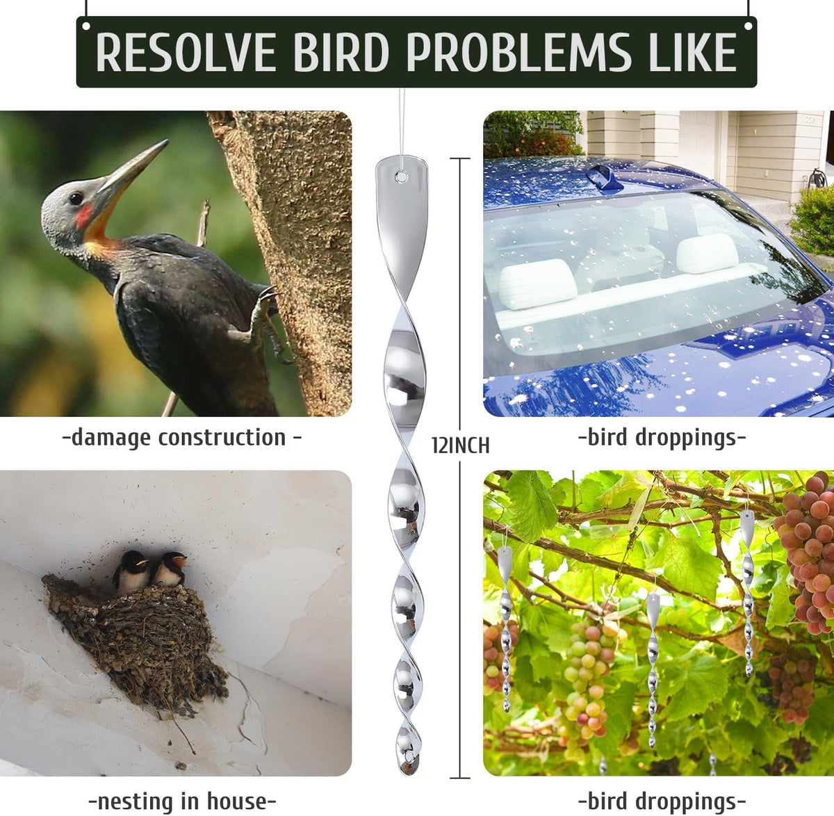 Reflective Bird Wind Scare Rods, 12-inch, 12 Pack