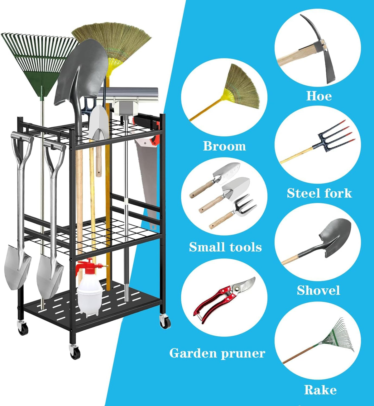 Garden Tool Organiser with Wheels, 35 Tools