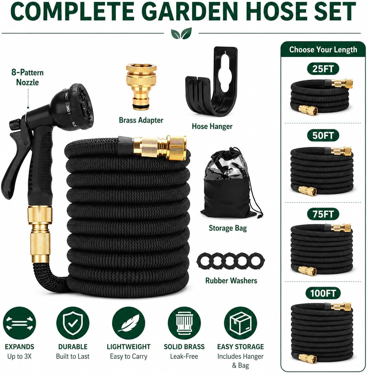 Stretch Garden Hose with 8-Function Nozzle, 7.5 m