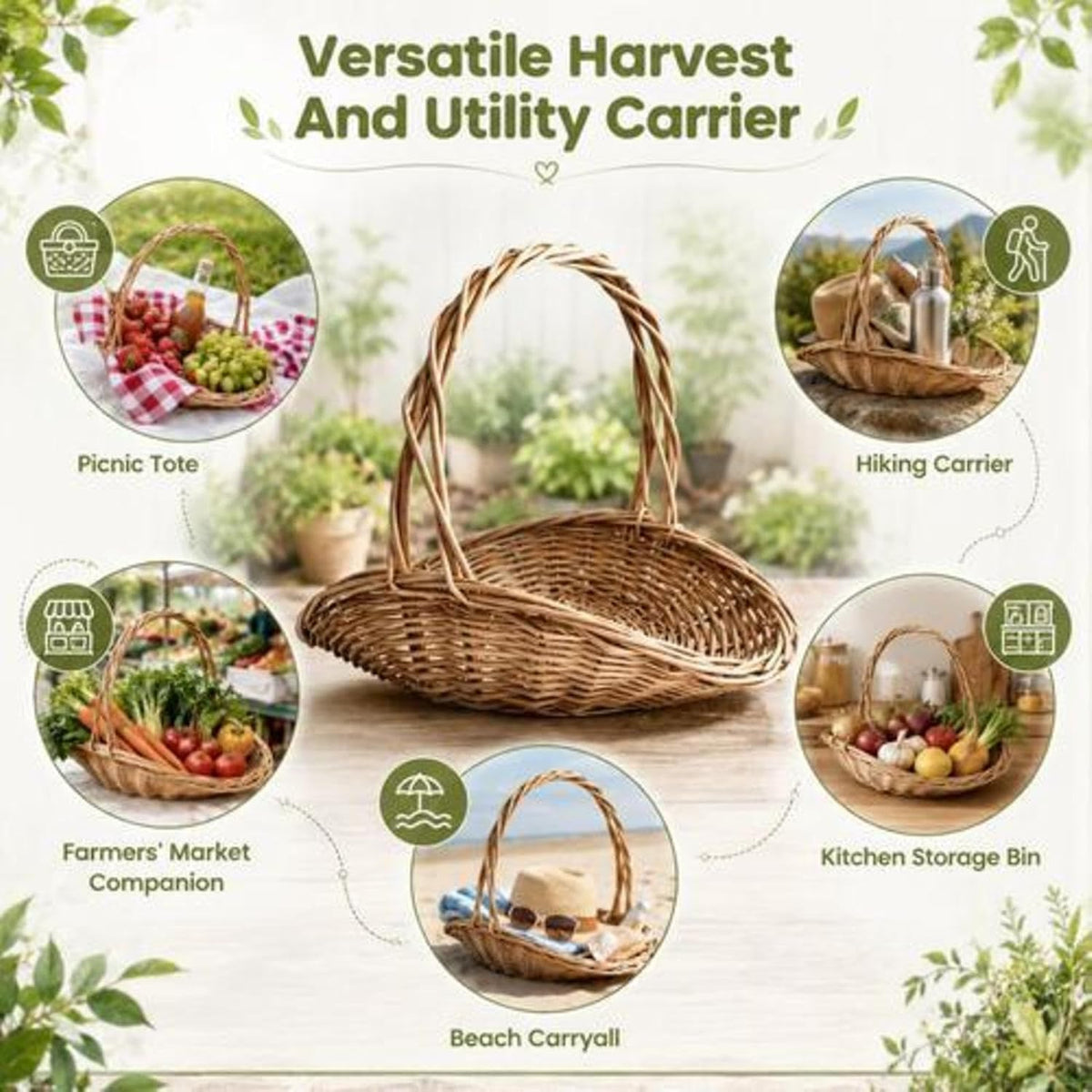 Hand-Woven Garden Harvest Basket with Handle
