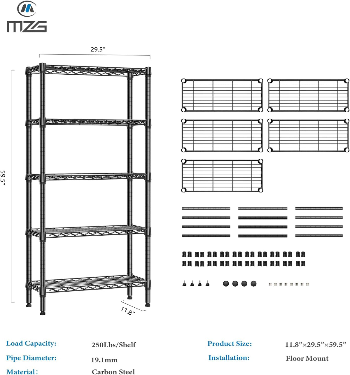 MZG Wire Storage Shelving Unit, 5 Tier
