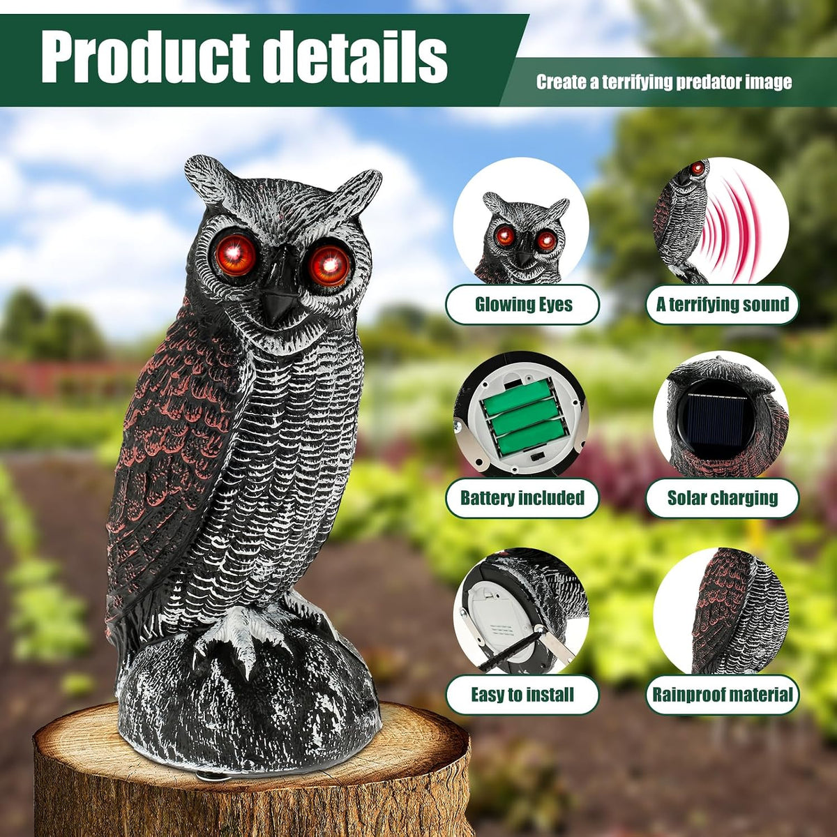 Solar Owl Bird Deterrent with Flashing Eyes