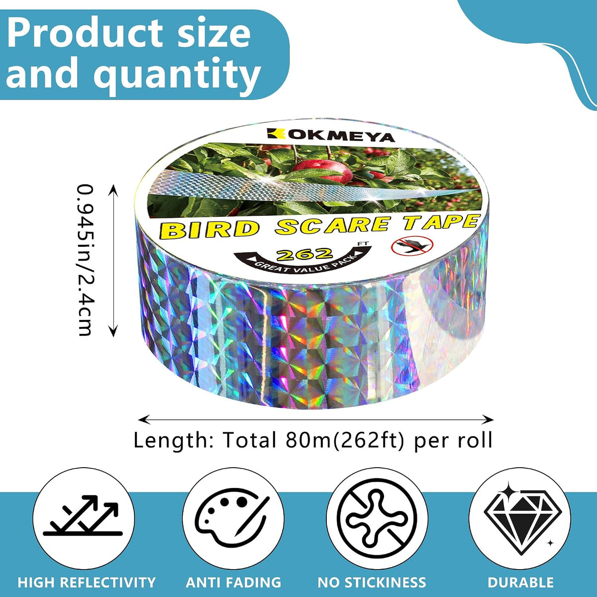 Double-Sided Reflective Bird Scare Tape, 80 m