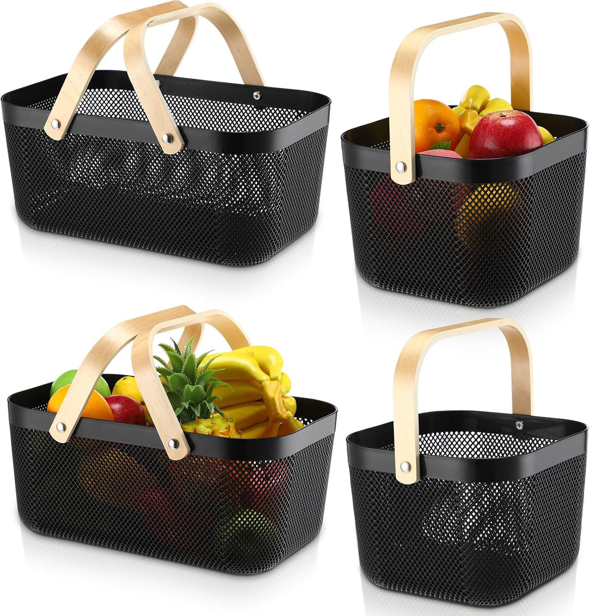 Sadnyy White Mesh Harvest Baskets with Wooden Handles, 4 Pack