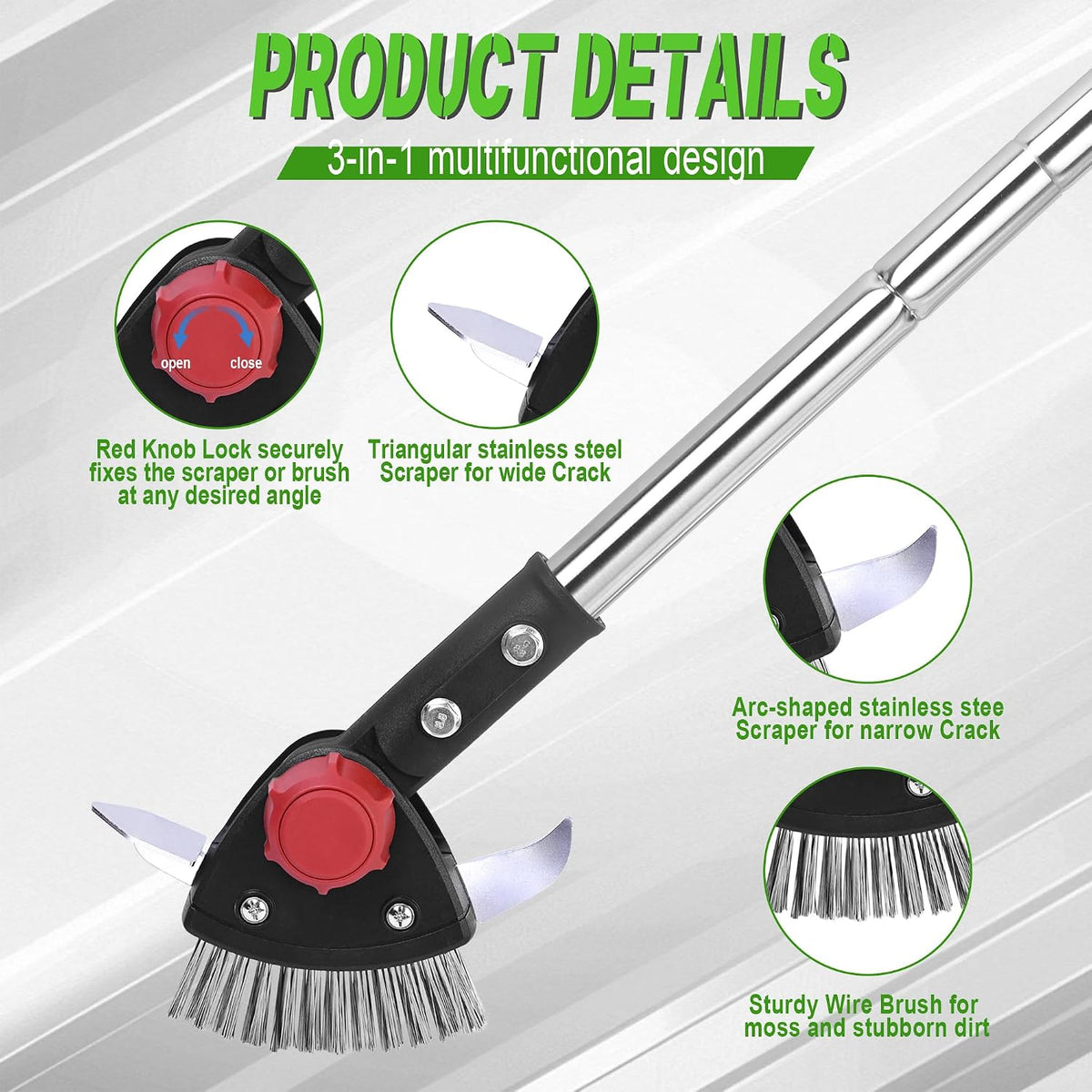 BARAYSTUS Adjustable Crack Weeder with Stainless Steel Brush