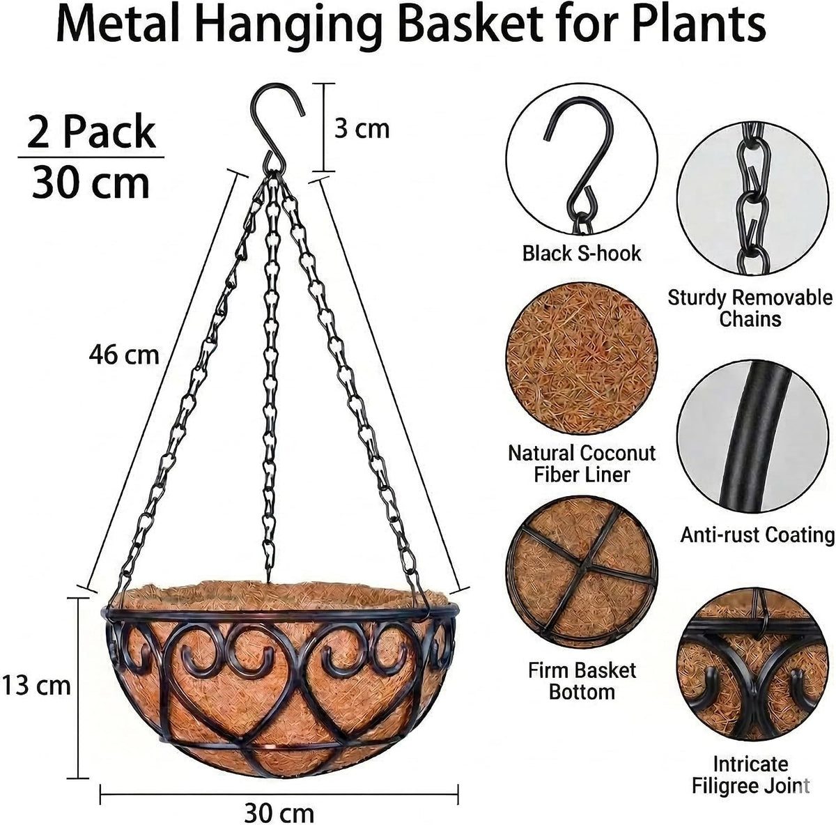 Hanging Baskets with Coconut Liners, 2 Pack, 30 cm