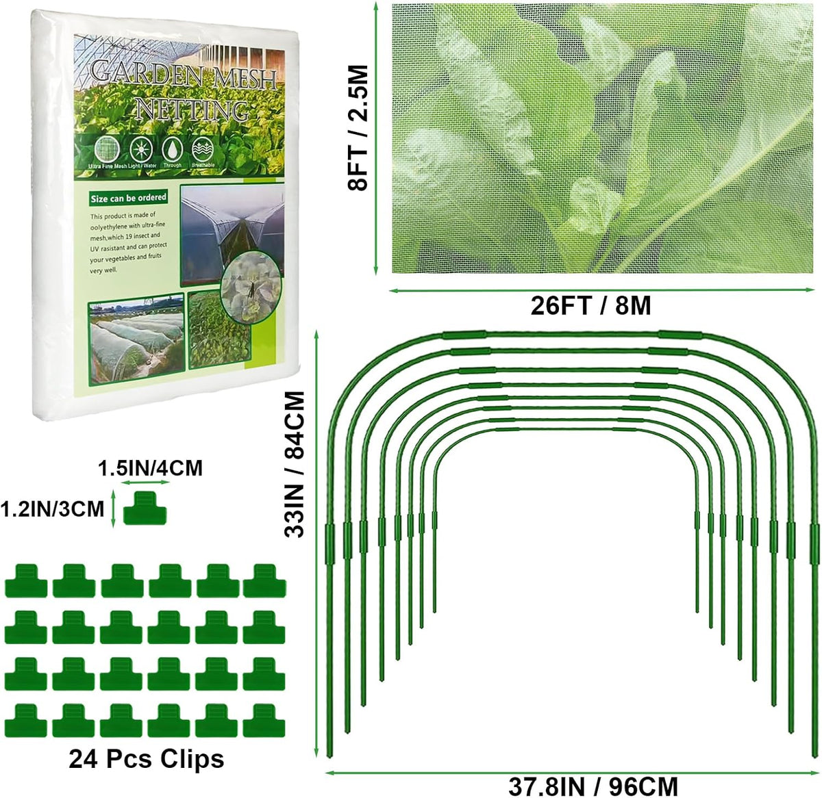 Garden Mesh Netting Kit with Hoops and Clips, 8 x 26 ft