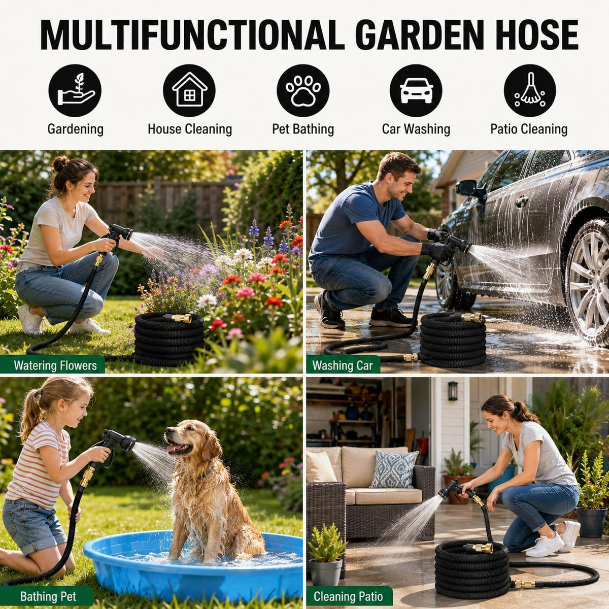 Stretch Garden Hose with 8-Function Nozzle, 7.5 m