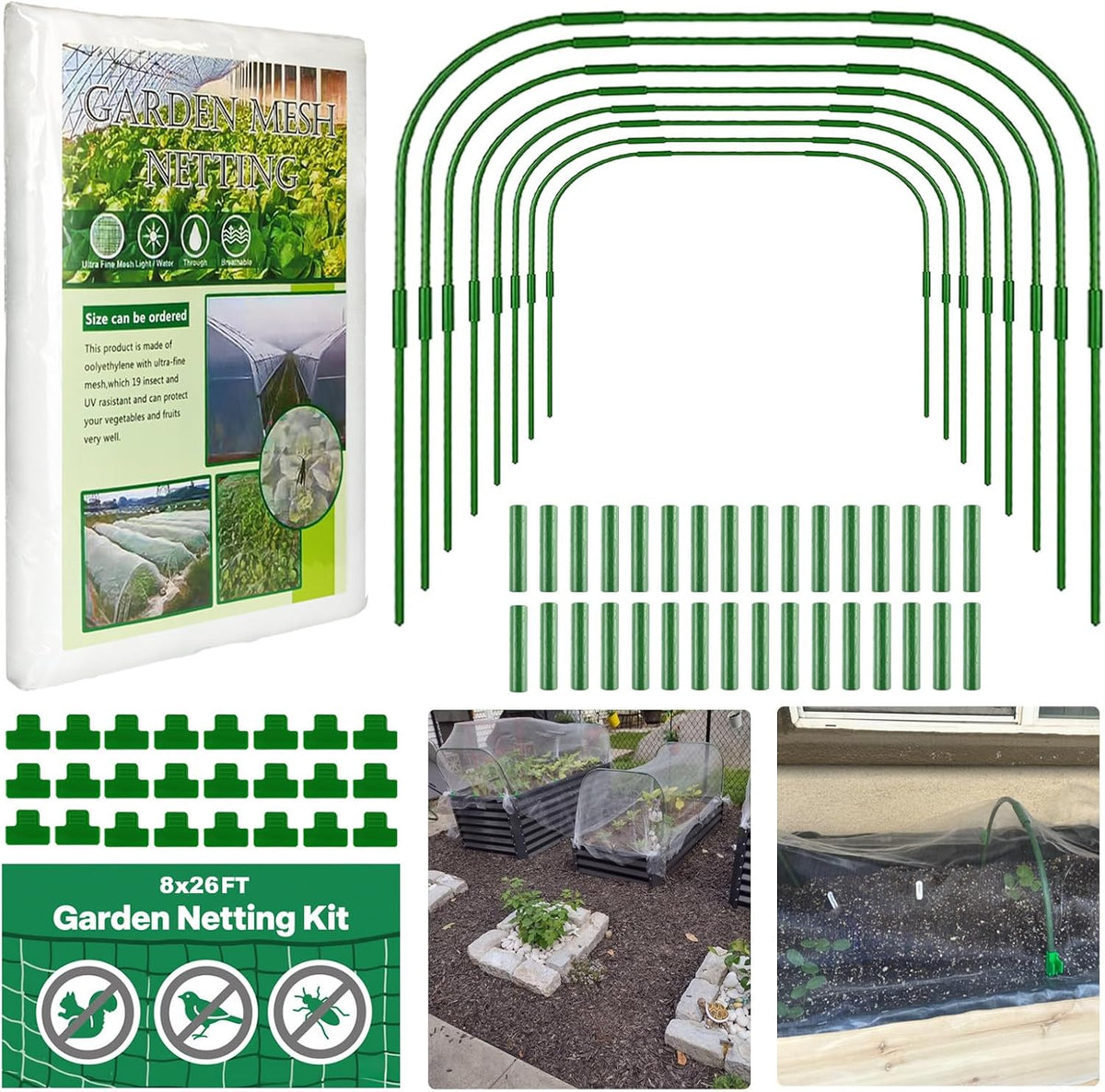 Garden Mesh Netting Kit with Hoops and Clips, 8 x 26 ft