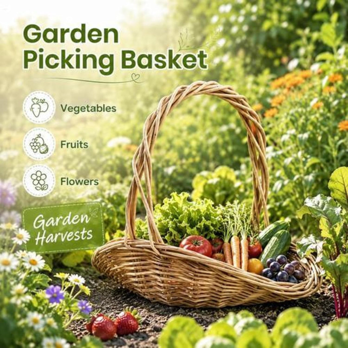 Hand-Woven Garden Harvest Basket with Handle