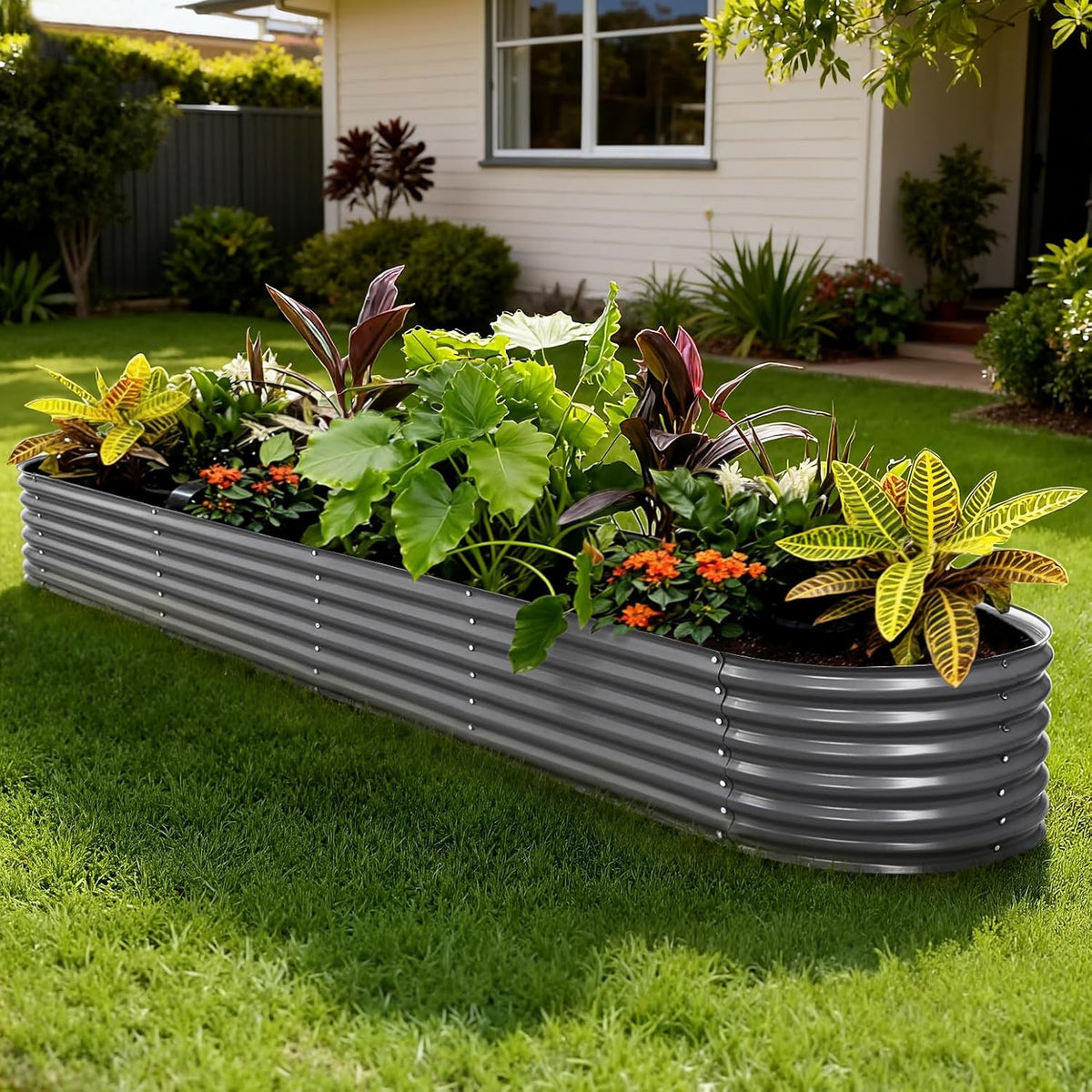 Green Fingers Oval Galvanised Garden Bed, 320 x 80 x 42 cm