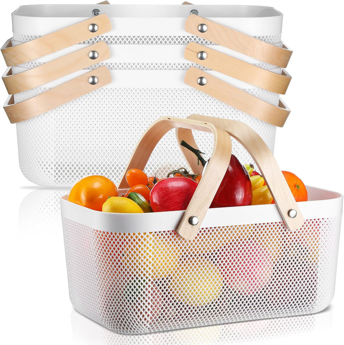 Sadnyy White Mesh Harvest Baskets with Wooden Handles, 4 Pack