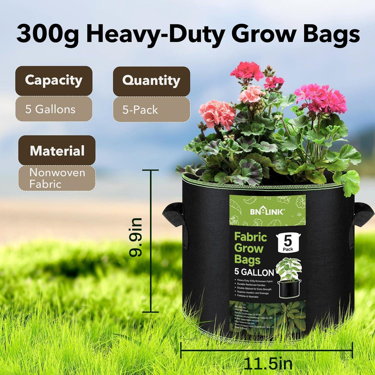 BN-Link Grow Bags, 5 Pack, 10 gal