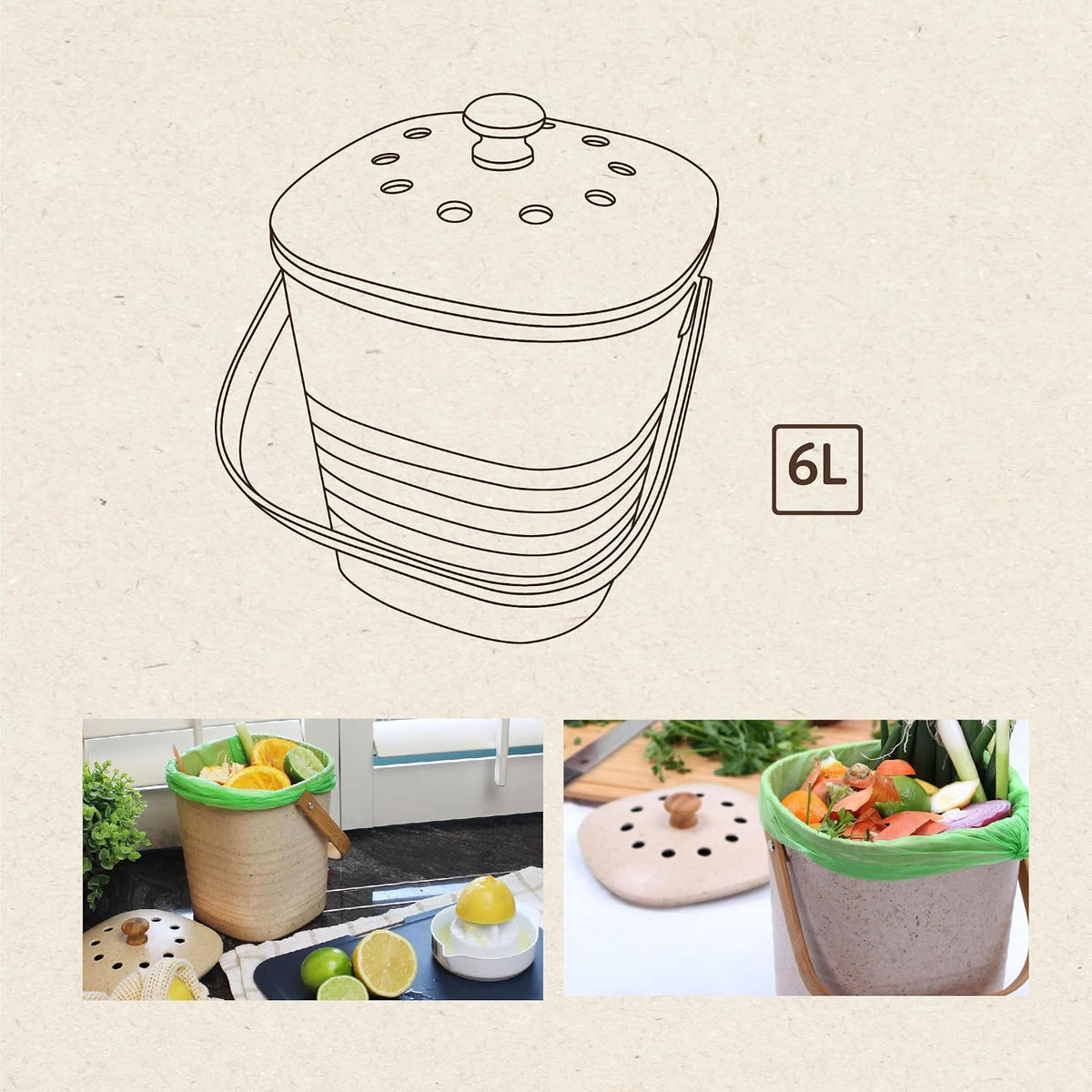 Eco Basics Compost Kitchen Bin, 4 L, Pebble