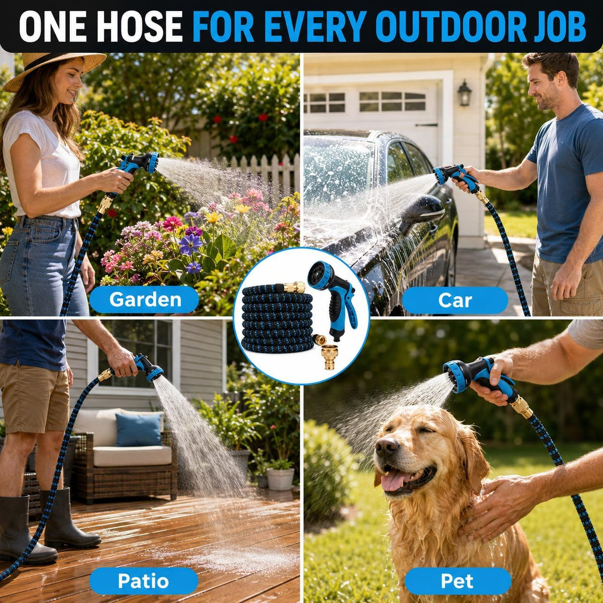 Stretch Garden Hose with 8-Function Nozzle, 7.5 m