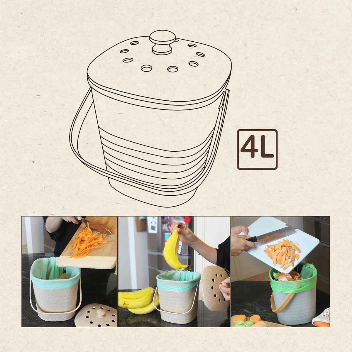 Eco Basics Compost Kitchen Bin, 4 L, Pebble