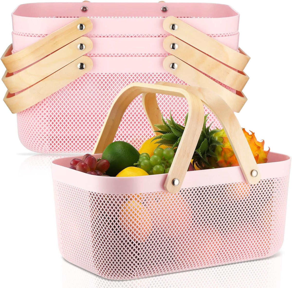 Sadnyy White Mesh Harvest Baskets with Wooden Handles, 4 Pack