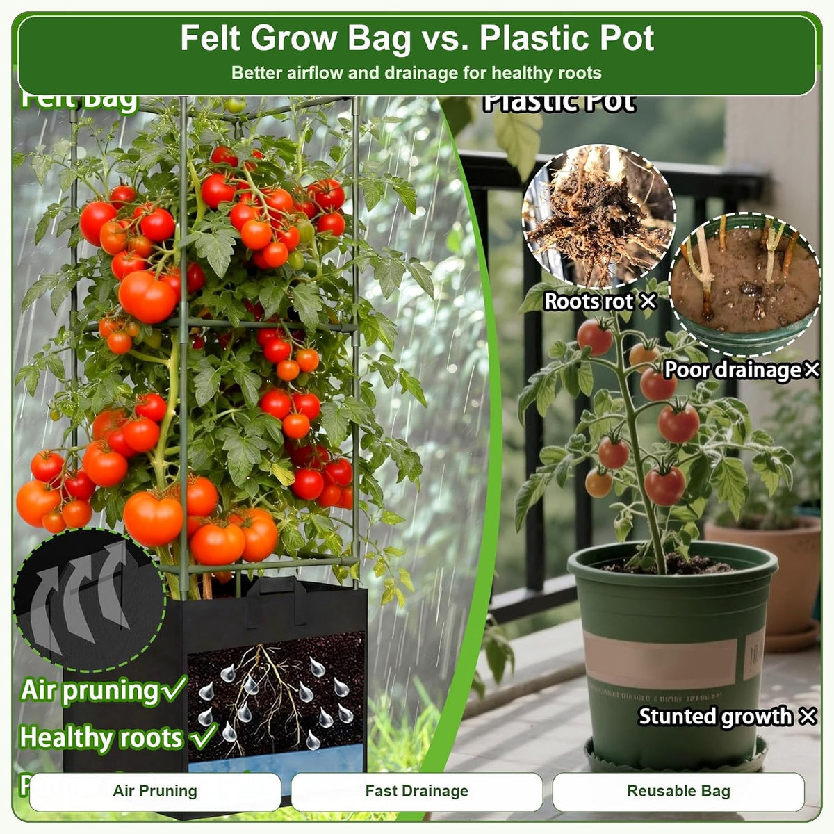 Tomato Cages with Grow Bags, 3 Pack