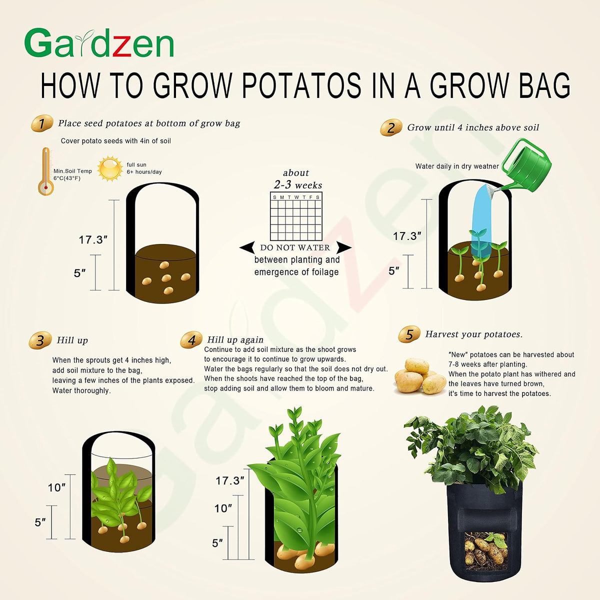 Gardzen Grow Bags, 6 Pack, 10 gal