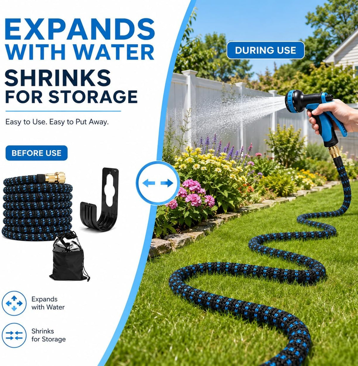Stretch Garden Hose with 8-Function Nozzle, 7.5 m