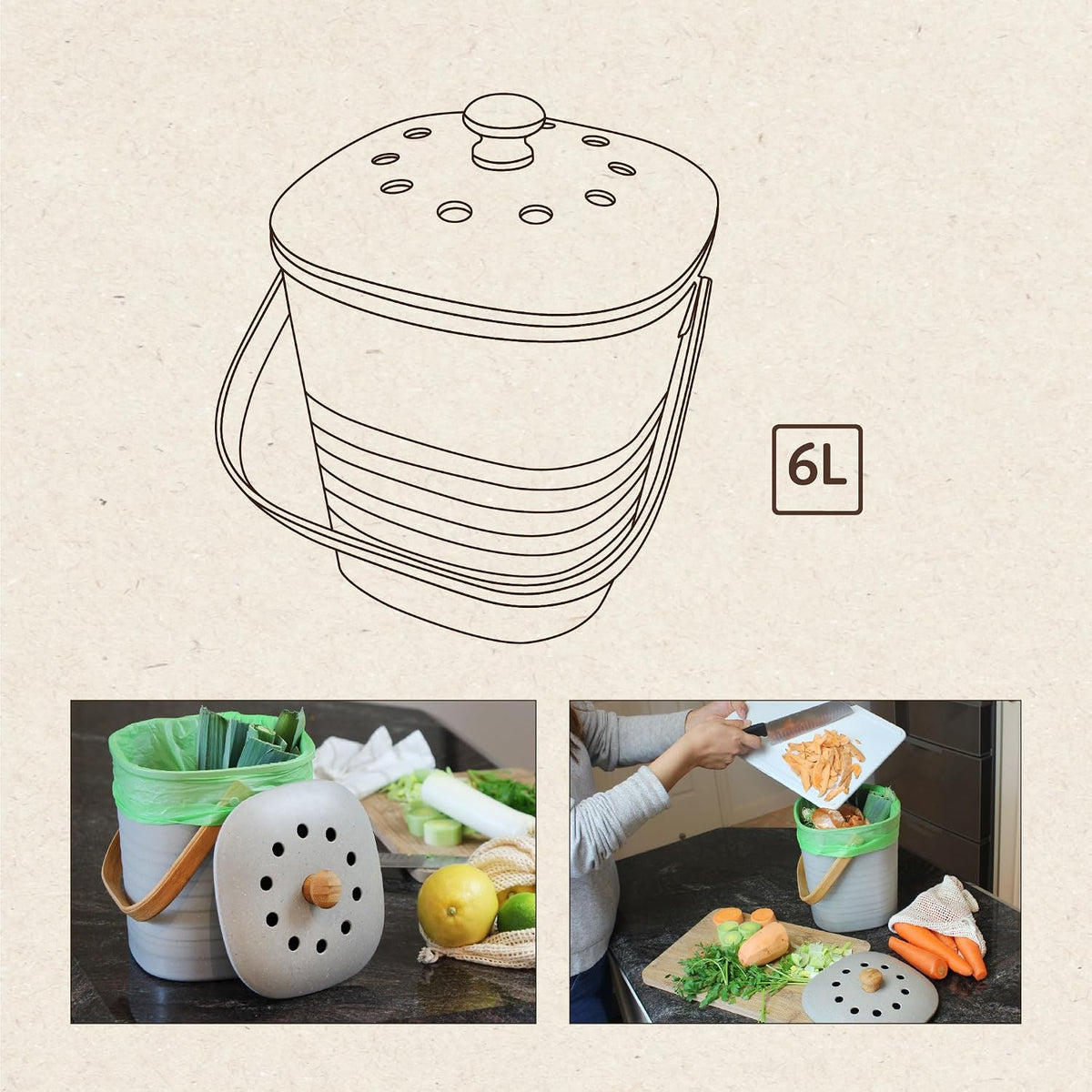 Eco Basics Compost Kitchen Bin, 4 L, Pebble