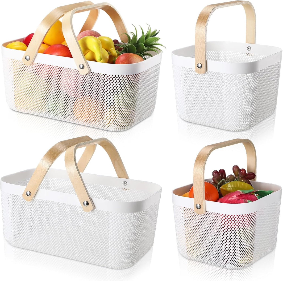 Sadnyy White Mesh Harvest Baskets with Wooden Handles, 4 Pack