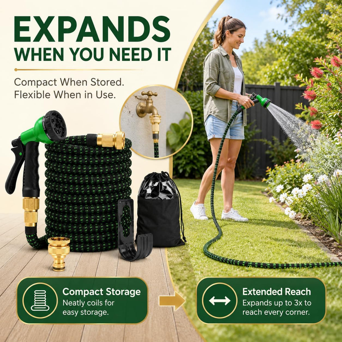 Stretch Garden Hose with 8-Function Nozzle, 7.5 m