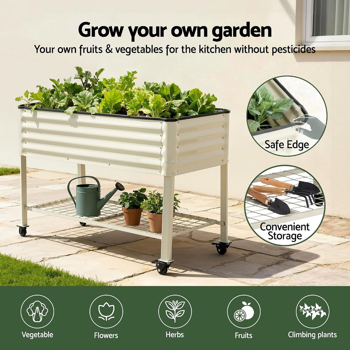 Green Fingers Mobile Raised Garden Bed, White