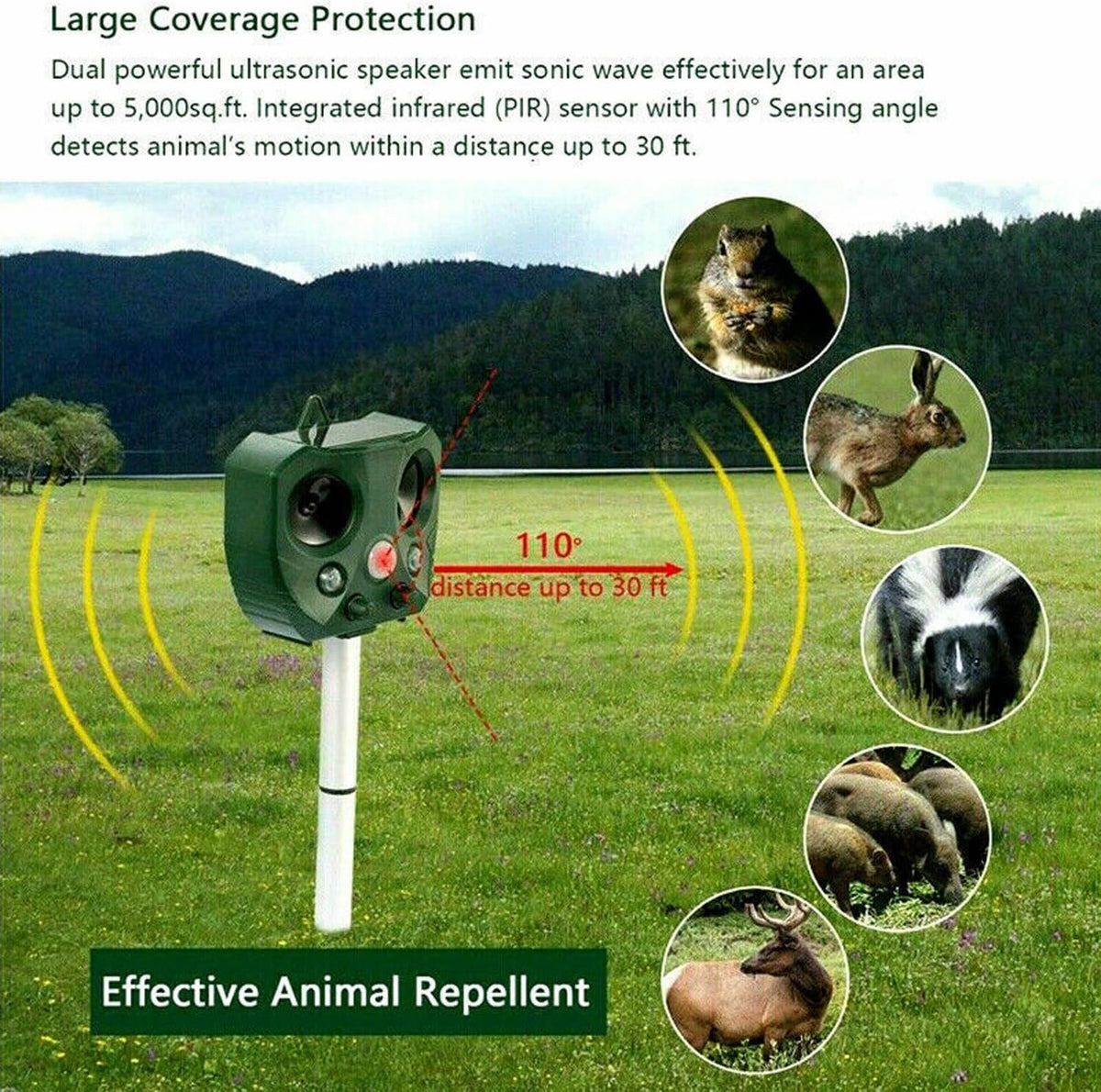 Solar Ultrasonic Animal Repeller, 5000 sq ft