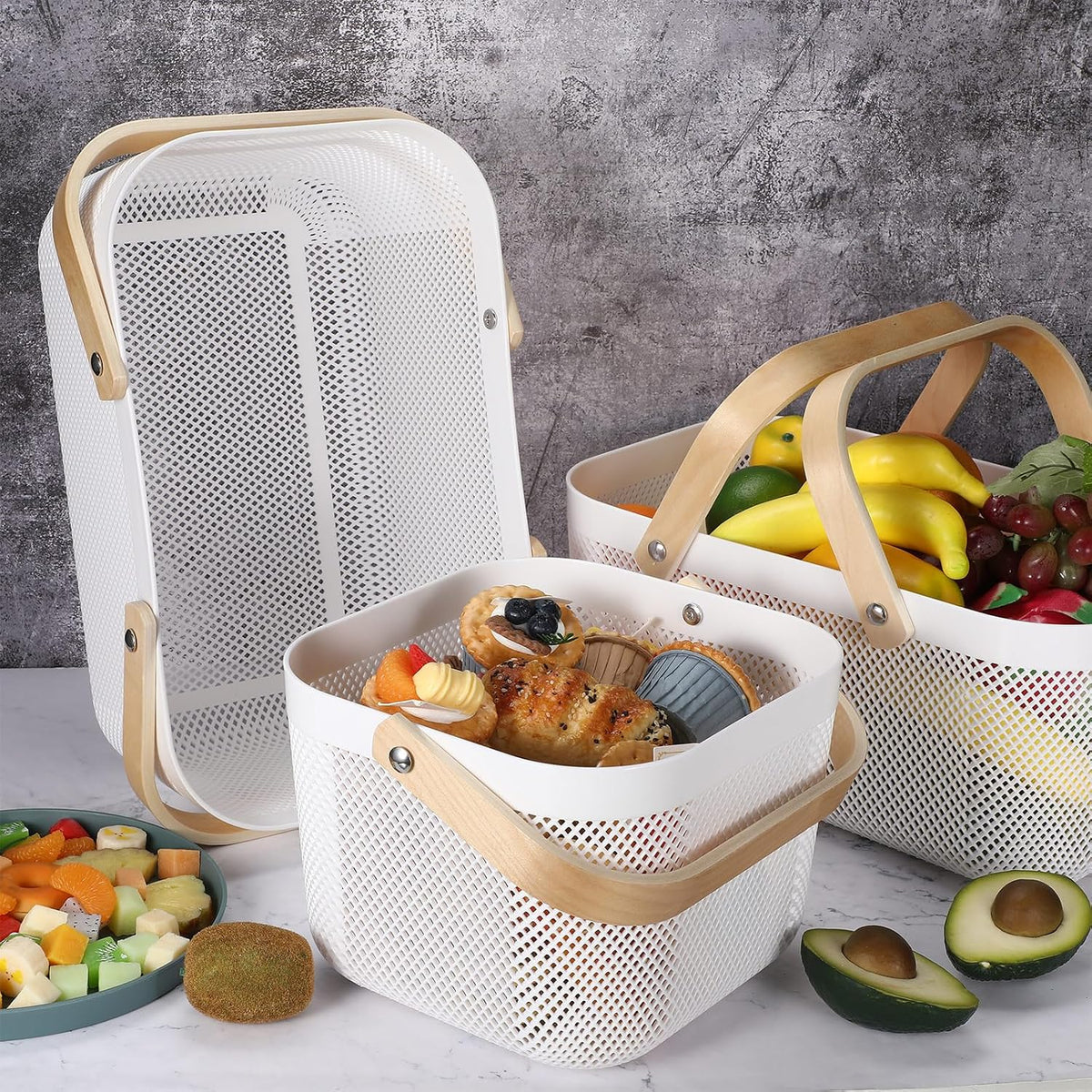 Sadnyy White Mesh Harvest Baskets with Wooden Handles, 4 Pack